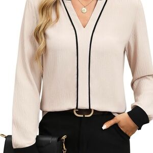 NWT Elegant Women's Apricot Blouse with Black Accents